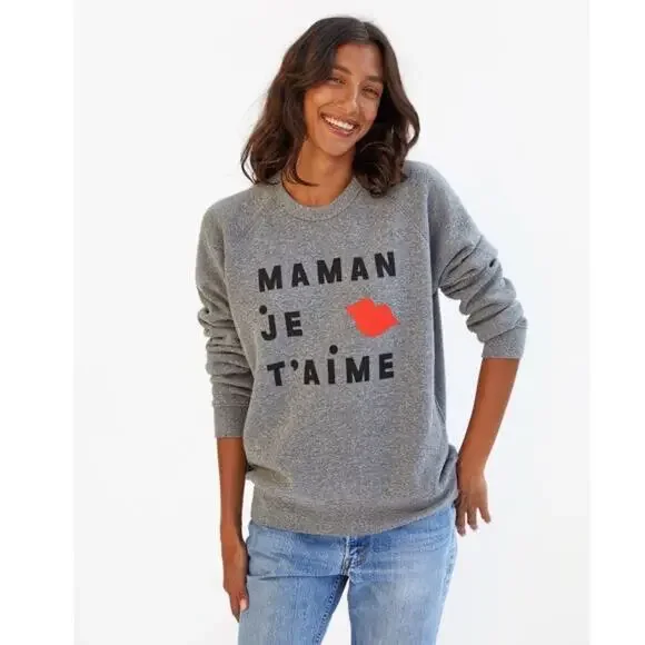 NWOT CLARE V CV+EMC Sweatshirt S Oversized Graphic RED-LIPS”Maman Je T’aime”Grey - Picture 1 of 12
